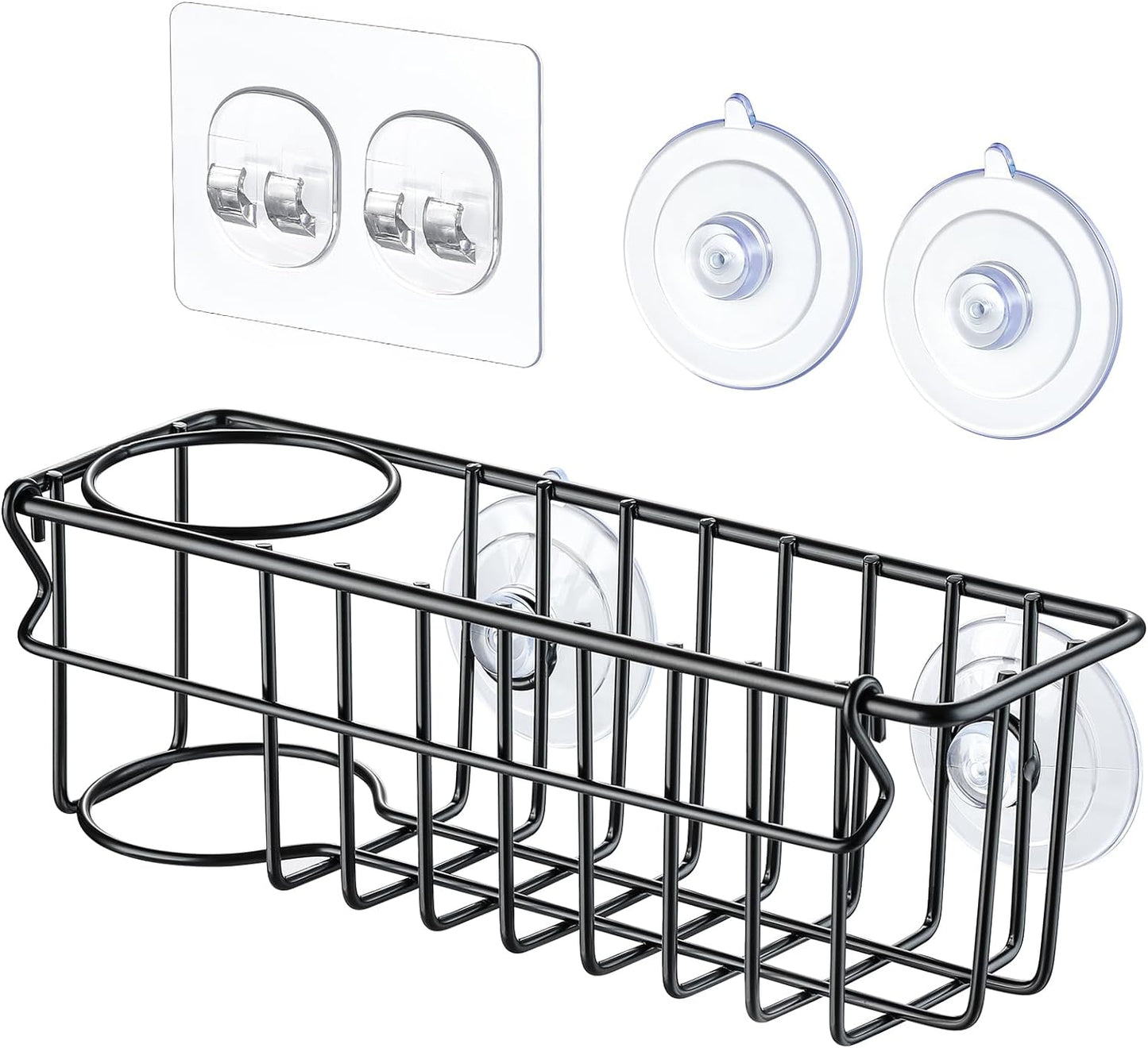 3-In-1 Sponge Holder for Kitchen Sink with Suction Cups & Adhesive Hook , In-sink Sponge Holder, Wall Hanging Sink Caddy Organizer Rack - Sponge, Dish Cloth, Brush, Scrubber - 304 Stainless Steel