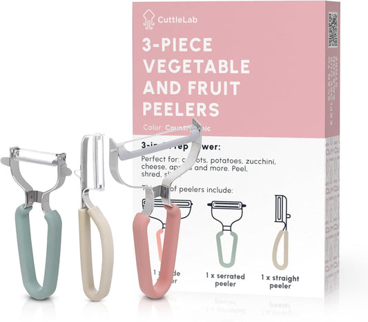 Vegetable Peeler Set – Serrated, Straight & Wide Blades- great apple peeler & potato peelers, Carrots, Zucchini, Cucumbers – Soft Grip Handle- Eye Remover – Dishwasher Safe (3, Country Chic)