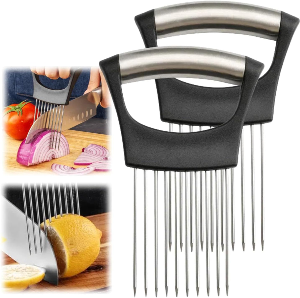 Onion Slicer, Stainless Steel Onion Holder for Slicing with Protective Case, Onion Cutter Tool for Meat Lemon Potato Tomato Avocado Egg Kitchen Slicing Assistant Tool (1 PCS)