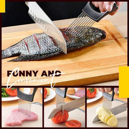 Onion Slicer, Stainless Steel Onion Holder for Slicing with Protective Case, Onion Cutter Tool for Meat Lemon Potato Tomato Avocado Egg Kitchen Slicing Assistant Tool (1 PCS)