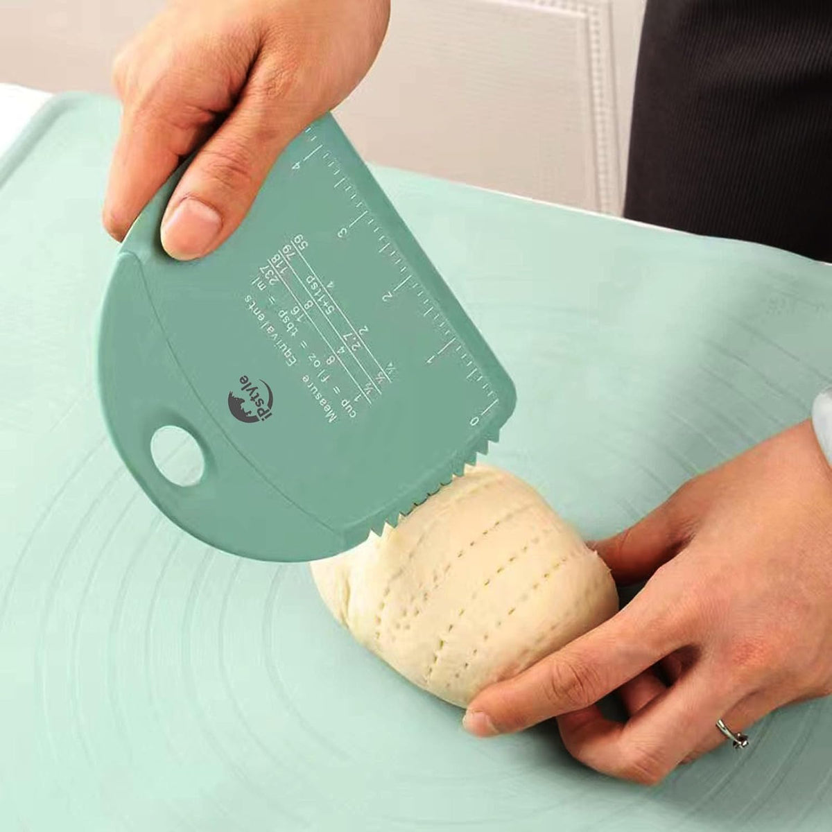 Silicone Dough Scraper Chopper, Bench Scraper with Serrated Edge Measuring Scale, Multipurpose Pizza Cutter, Pastry, Food Scraper for Baking, Dough, Bread, Cake (Blue)