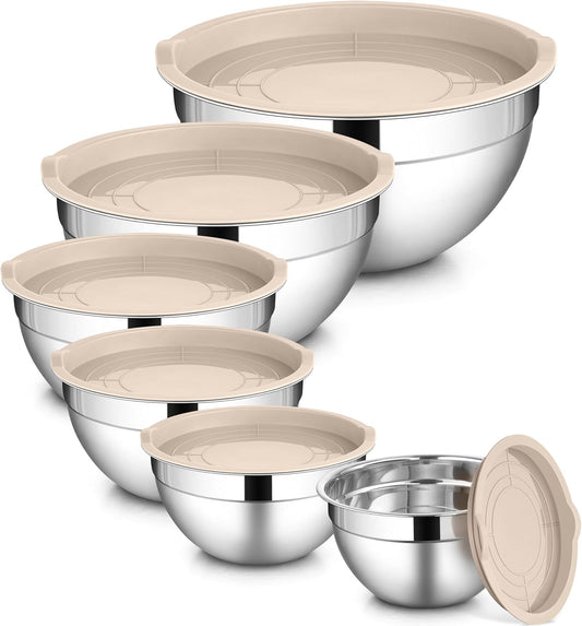 6 PCS Mixing Bowls with Lid Set, Size 7 & 3.5 & 2.5 & 2 & 1.5 & 1QT | Stainless Steel Cooking Serving Bowls, Kitchen Metal Nesting Bowl for Prepping & Food Storage, Dishwasher Safe, Khaki