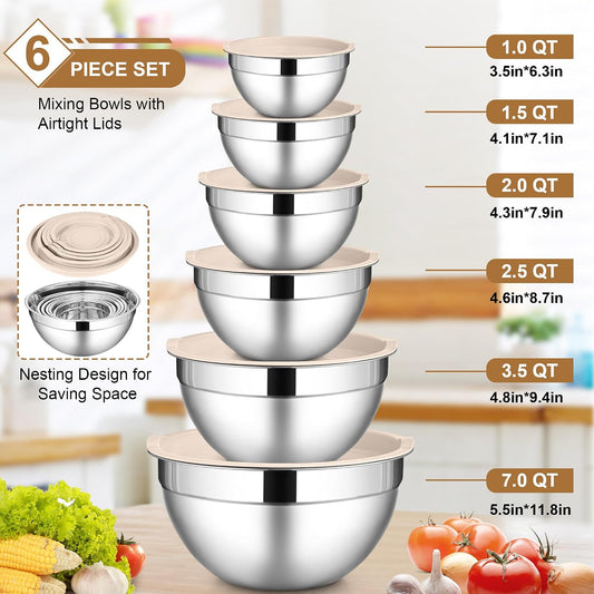 6 PCS Mixing Bowls with Lid Set, Size 7 & 3.5 & 2.5 & 2 & 1.5 & 1QT | Stainless Steel Cooking Serving Bowls, Kitchen Metal Nesting Bowl for Prepping & Food Storage, Dishwasher Safe, Khaki