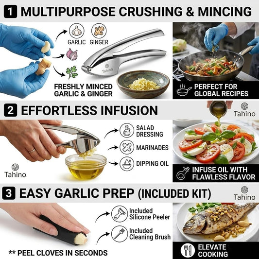 Garlic Press Crusher & Mincer – Heavy Duty Zinc Alloy Garlic Press, Ergonomic Easy Squeeze Handheld Garlic Crusher Tool, Rust Resistant Kitchen Garlic Mincer
