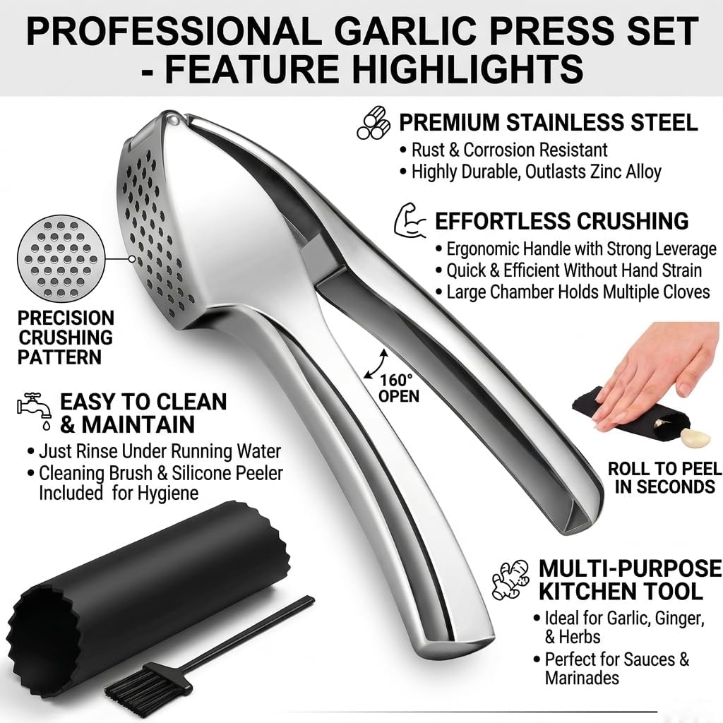 Garlic Press Crusher & Mincer – Heavy Duty Zinc Alloy Garlic Press, Ergonomic Easy Squeeze Handheld Garlic Crusher Tool, Rust Resistant Kitchen Garlic Mincer