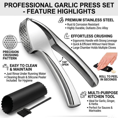 Garlic Press Crusher & Mincer – Heavy Duty Zinc Alloy Garlic Press, Ergonomic Easy Squeeze Handheld Garlic Crusher Tool, Rust Resistant Kitchen Garlic Mincer