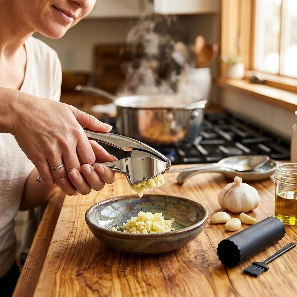 Garlic Press Crusher & Mincer – Heavy Duty Zinc Alloy Garlic Press, Ergonomic Easy Squeeze Handheld Garlic Crusher Tool, Rust Resistant Kitchen Garlic Mincer