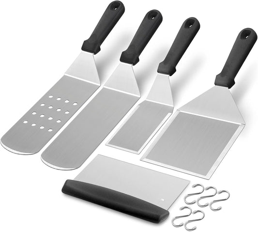Griddle Accessories Kit of 5, Heavy Duty Metal Spatula, Professional Stainless Steel Flat Top Griddle Tools Set, Pancake Flipper/Griddle Scraper/Hamburger Turner for BBQ Grilling Cast Iron