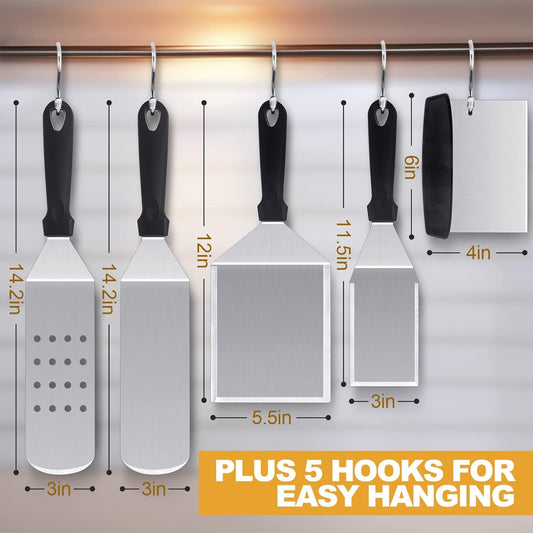 Griddle Accessories Kit of 5, Heavy Duty Metal Spatula, Professional Stainless Steel Flat Top Griddle Tools Set, Pancake Flipper/Griddle Scraper/Hamburger Turner for BBQ Grilling Cast Iron