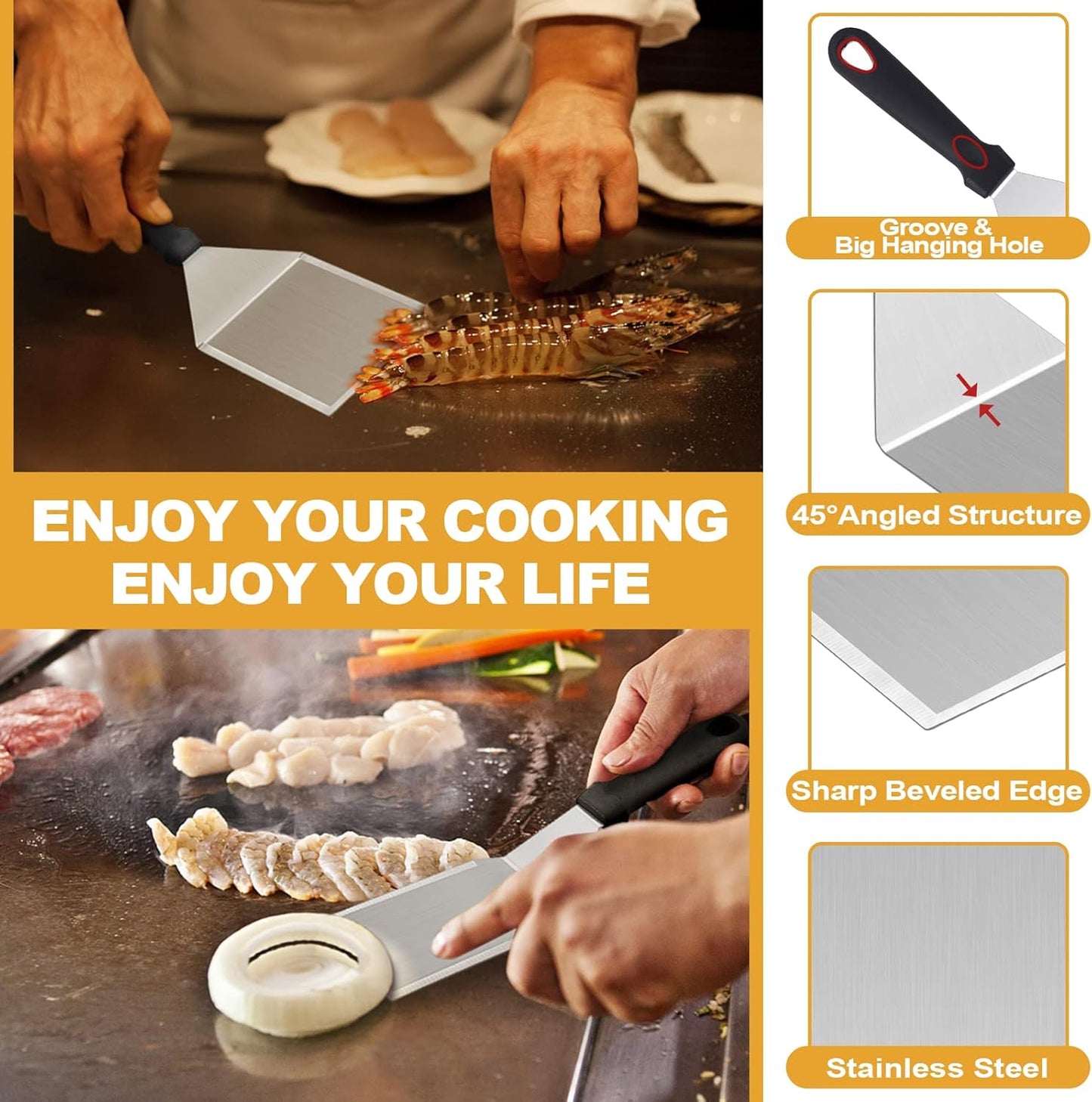 Griddle Accessories Kit of 5, Heavy Duty Metal Spatula, Professional Stainless Steel Flat Top Griddle Tools Set, Pancake Flipper/Griddle Scraper/Hamburger Turner for BBQ Grilling Cast Iron