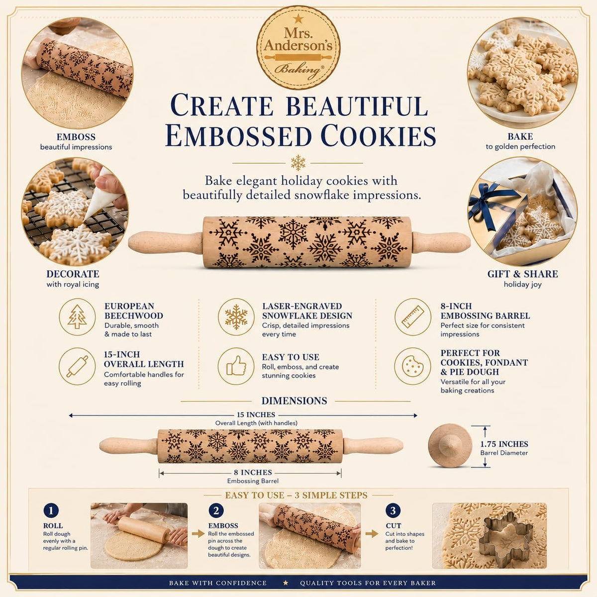 Children’s Classic Wooden Rolling Pin, German Beechwood With Steel Ball Bearings, 7-Inch x 1.5-Inch, Smooth Effortless Rolling For Dough And Pastry