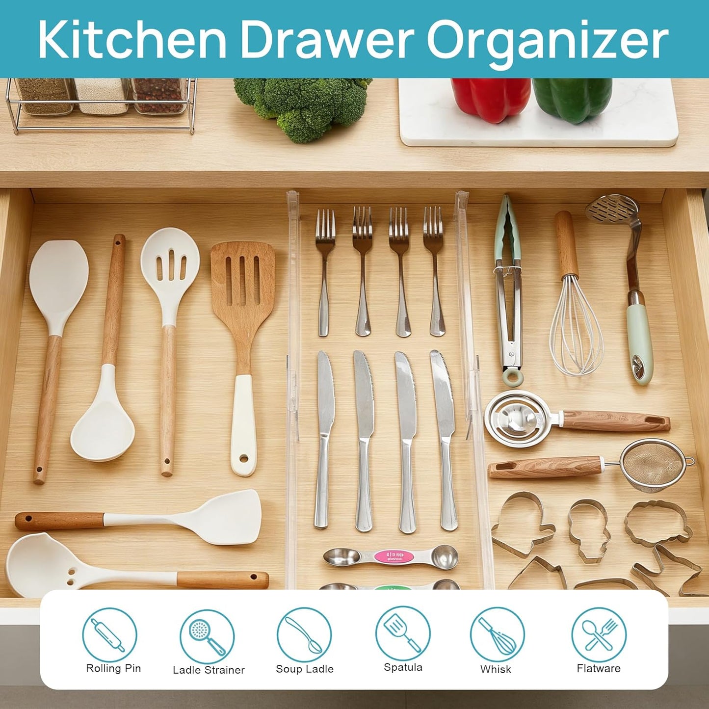 8 Pack Shallow Drawer Dividers, 2.36" High 12.5"-20.8" Adjustable Expandable Kitchen Drawer Organizer, Clear Plastic Organizer Separators for Flatware, Utensil, Cutlery, Underwear, Clothes