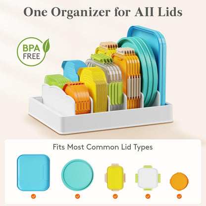 Kitchen Cabinet Organizer for Food Contanier Lid, Lid Holder with 6 Adjustable Dividers & 7 Sections for Pantry Organizers and Storage, Home Drawer Organization, Large, 13" x 10"