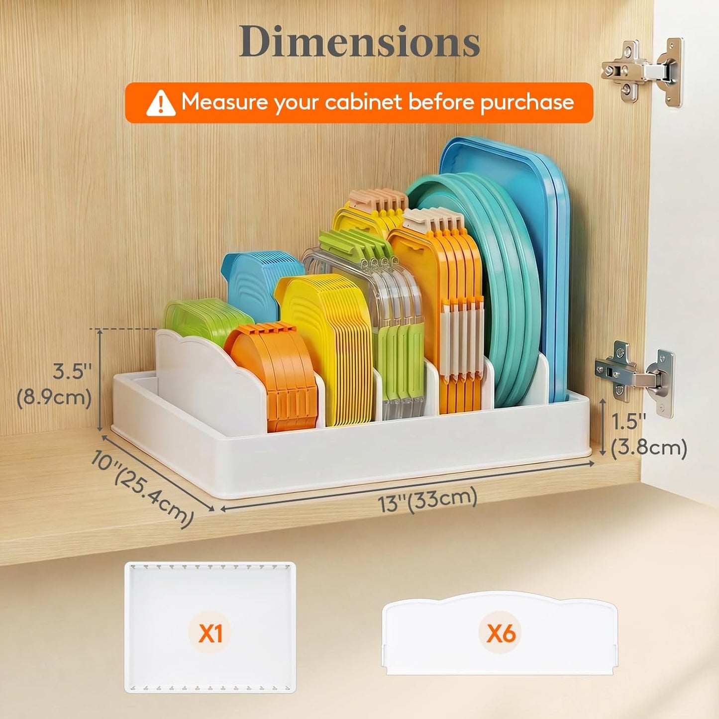 Kitchen Cabinet Organizer for Food Contanier Lid, Lid Holder with 6 Adjustable Dividers & 7 Sections for Pantry Organizers and Storage, Home Drawer Organization, Large, 13" x 10"