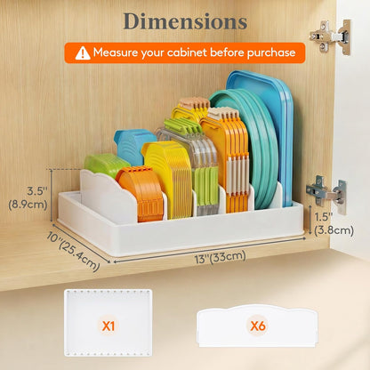 Kitchen Cabinet Organizer for Food Contanier Lid, Lid Holder with 6 Adjustable Dividers & 7 Sections for Pantry Organizers and Storage, Home Drawer Organization, Large, 13" x 10"