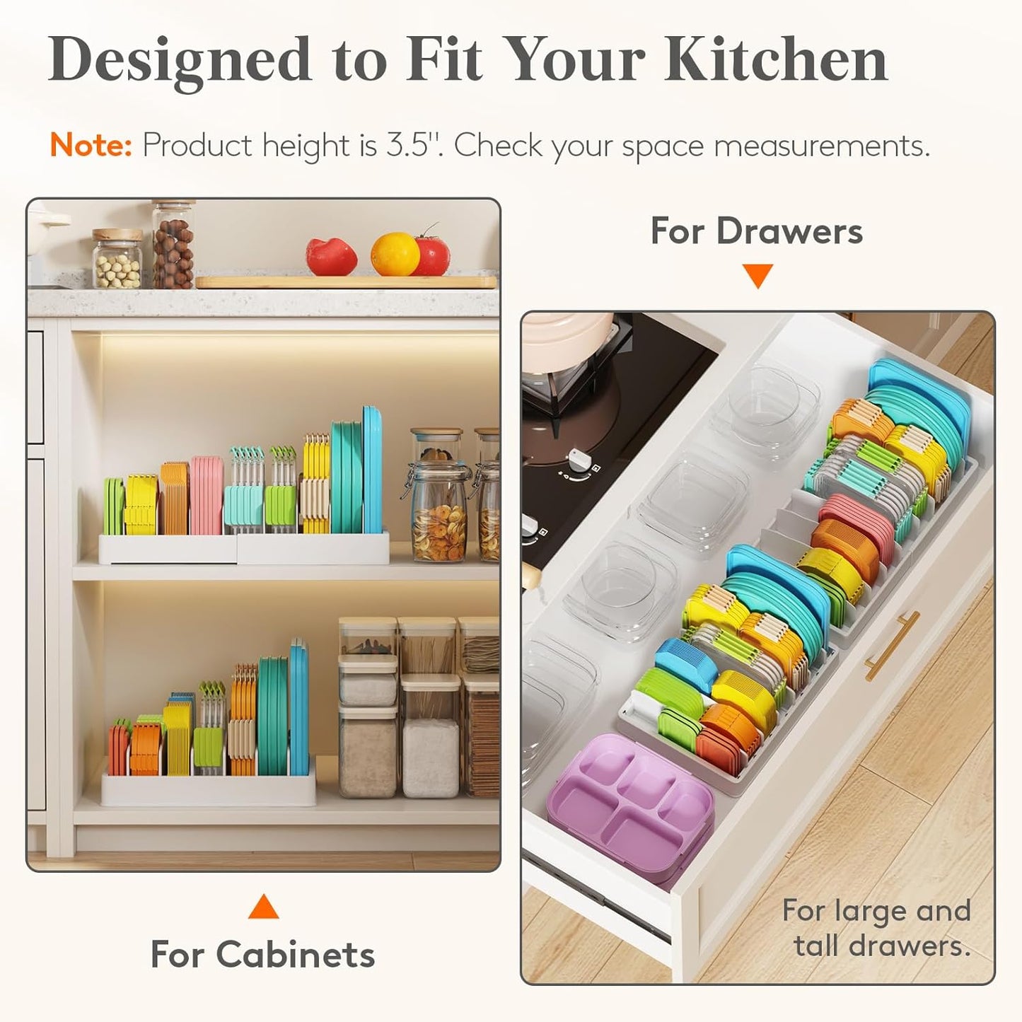 Kitchen Cabinet Organizer for Food Contanier Lid, Lid Holder with 6 Adjustable Dividers & 7 Sections for Pantry Organizers and Storage, Home Drawer Organization, Large, 13" x 10"
