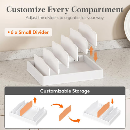 Kitchen Cabinet Organizer for Food Contanier Lid, Lid Holder with 6 Adjustable Dividers & 7 Sections for Pantry Organizers and Storage, Home Drawer Organization, Large, 13" x 10"