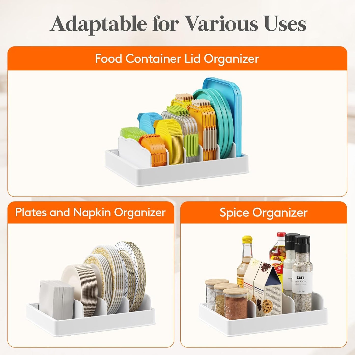 Kitchen Cabinet Organizer for Food Contanier Lid, Lid Holder with 6 Adjustable Dividers & 7 Sections for Pantry Organizers and Storage, Home Drawer Organization, Large, 13" x 10"