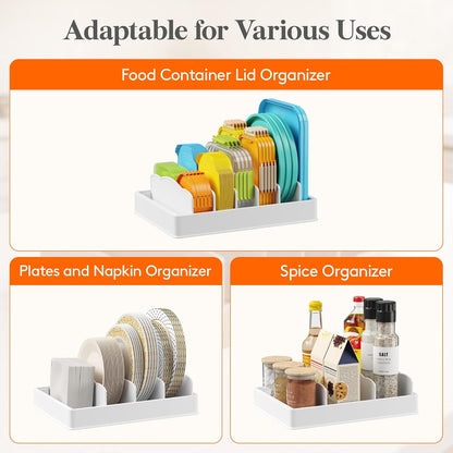 Kitchen Cabinet Organizer for Food Contanier Lid, Lid Holder with 6 Adjustable Dividers & 7 Sections for Pantry Organizers and Storage, Home Drawer Organization, Large, 13" x 10"