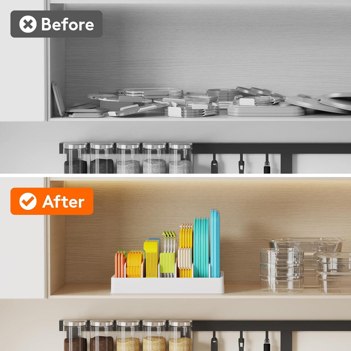 Kitchen Cabinet Organizer for Food Contanier Lid, Lid Holder with 6 Adjustable Dividers & 7 Sections for Pantry Organizers and Storage, Home Drawer Organization, Large, 13" x 10"