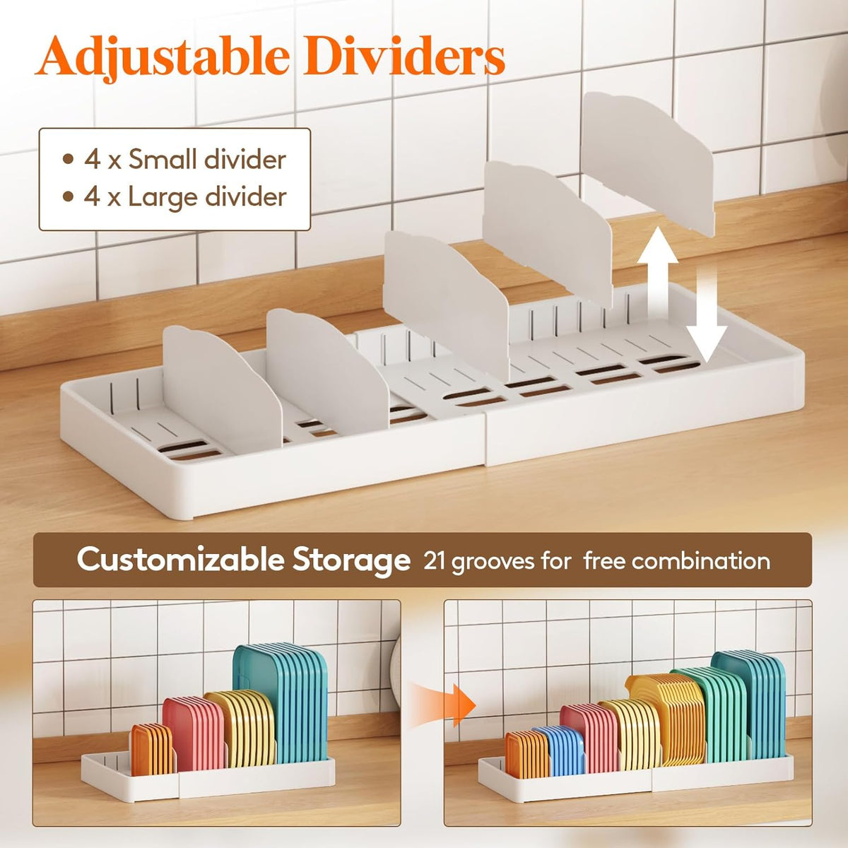 Kitchen Cabinet Organizer for Food Contanier Lid, Lid Holder with 6 Adjustable Dividers & 7 Sections for Pantry Organizers and Storage, Home Drawer Organization, Large, 13" x 10"