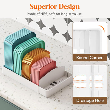 Kitchen Cabinet Organizer for Food Contanier Lid, Lid Holder with 6 Adjustable Dividers & 7 Sections for Pantry Organizers and Storage, Home Drawer Organization, Large, 13" x 10"
