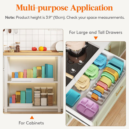 Kitchen Cabinet Organizer for Food Contanier Lid, Lid Holder with 6 Adjustable Dividers & 7 Sections for Pantry Organizers and Storage, Home Drawer Organization, Large, 13" x 10"