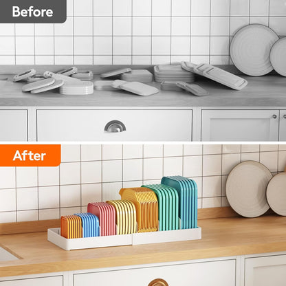 Kitchen Cabinet Organizer for Food Contanier Lid, Lid Holder with 6 Adjustable Dividers & 7 Sections for Pantry Organizers and Storage, Home Drawer Organization, Large, 13" x 10"