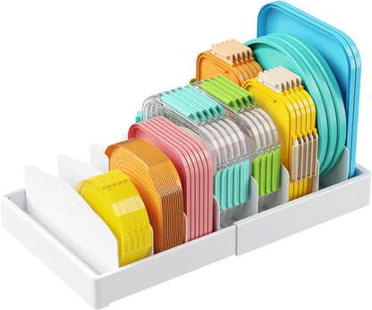 Kitchen Cabinet Organizer for Food Contanier Lid, Lid Holder with 6 Adjustable Dividers & 7 Sections for Pantry Organizers and Storage, Home Drawer Organization, Large, 13" x 10"