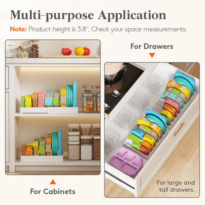 Kitchen Cabinet Organizer for Food Contanier Lid, Lid Holder with 6 Adjustable Dividers & 7 Sections for Pantry Organizers and Storage, Home Drawer Organization, Large, 13" x 10"