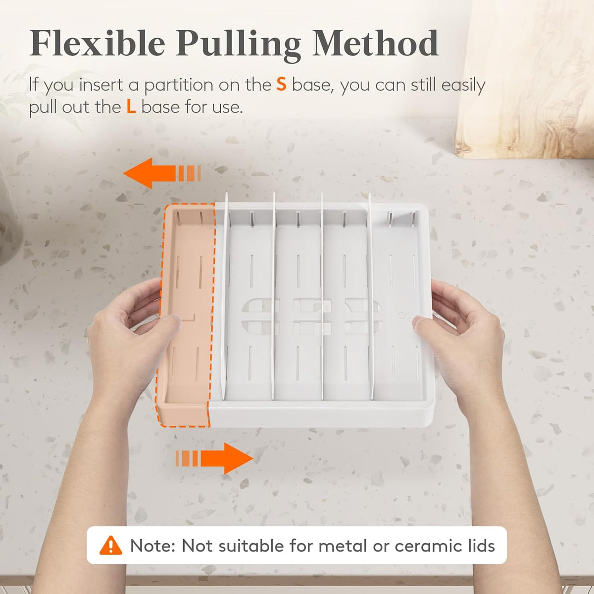 Kitchen Cabinet Organizer for Food Contanier Lid, Lid Holder with 6 Adjustable Dividers & 7 Sections for Pantry Organizers and Storage, Home Drawer Organization, Large, 13" x 10"