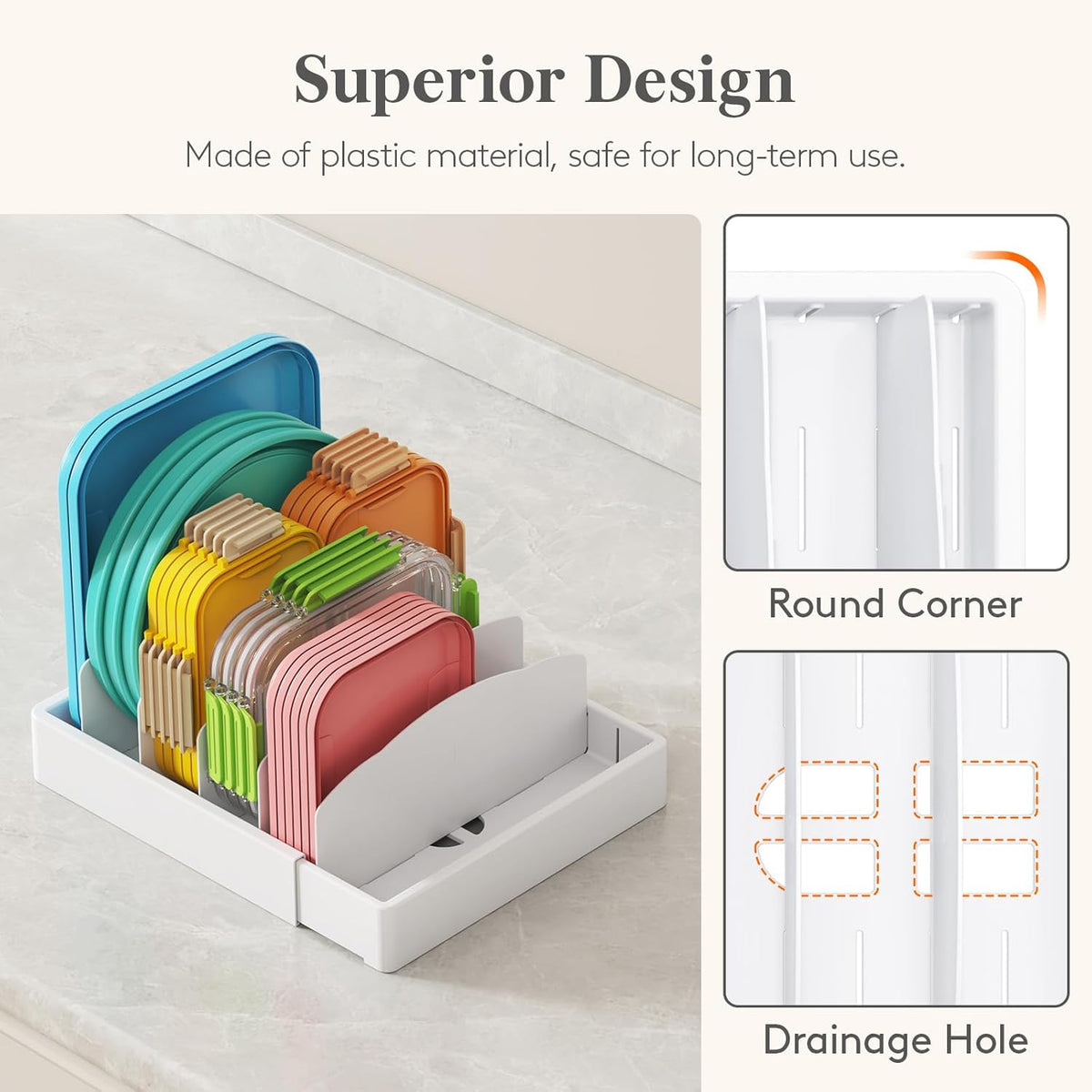 Kitchen Cabinet Organizer for Food Contanier Lid, Lid Holder with 6 Adjustable Dividers & 7 Sections for Pantry Organizers and Storage, Home Drawer Organization, Large, 13" x 10"