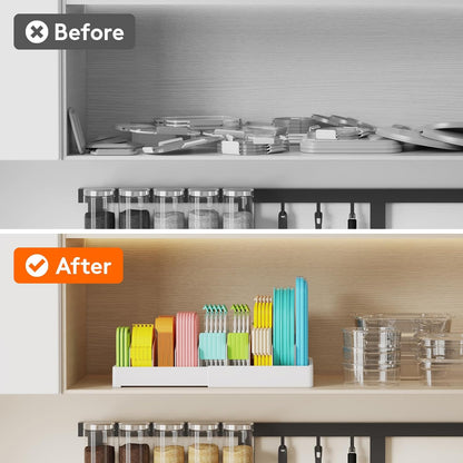 Kitchen Cabinet Organizer for Food Contanier Lid, Lid Holder with 6 Adjustable Dividers & 7 Sections for Pantry Organizers and Storage, Home Drawer Organization, Large, 13" x 10"