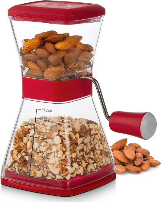 PrepWorks Manual Nut Chopper, Chop Nuts With Coarse and Fine Functions, Red | Grinds up to 1.5 Cups of Nuts, Seeds, or Herbs, Non-Skid Base for Stability While Chopping, Dishwasher Safe