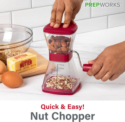 PrepWorks Manual Nut Chopper, Chop Nuts With Coarse and Fine Functions, Red | Grinds up to 1.5 Cups of Nuts, Seeds, or Herbs, Non-Skid Base for Stability While Chopping, Dishwasher Safe