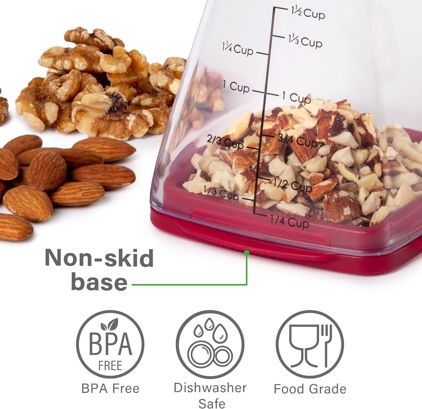 PrepWorks Manual Nut Chopper, Chop Nuts With Coarse and Fine Functions, Red | Grinds up to 1.5 Cups of Nuts, Seeds, or Herbs, Non-Skid Base for Stability While Chopping, Dishwasher Safe