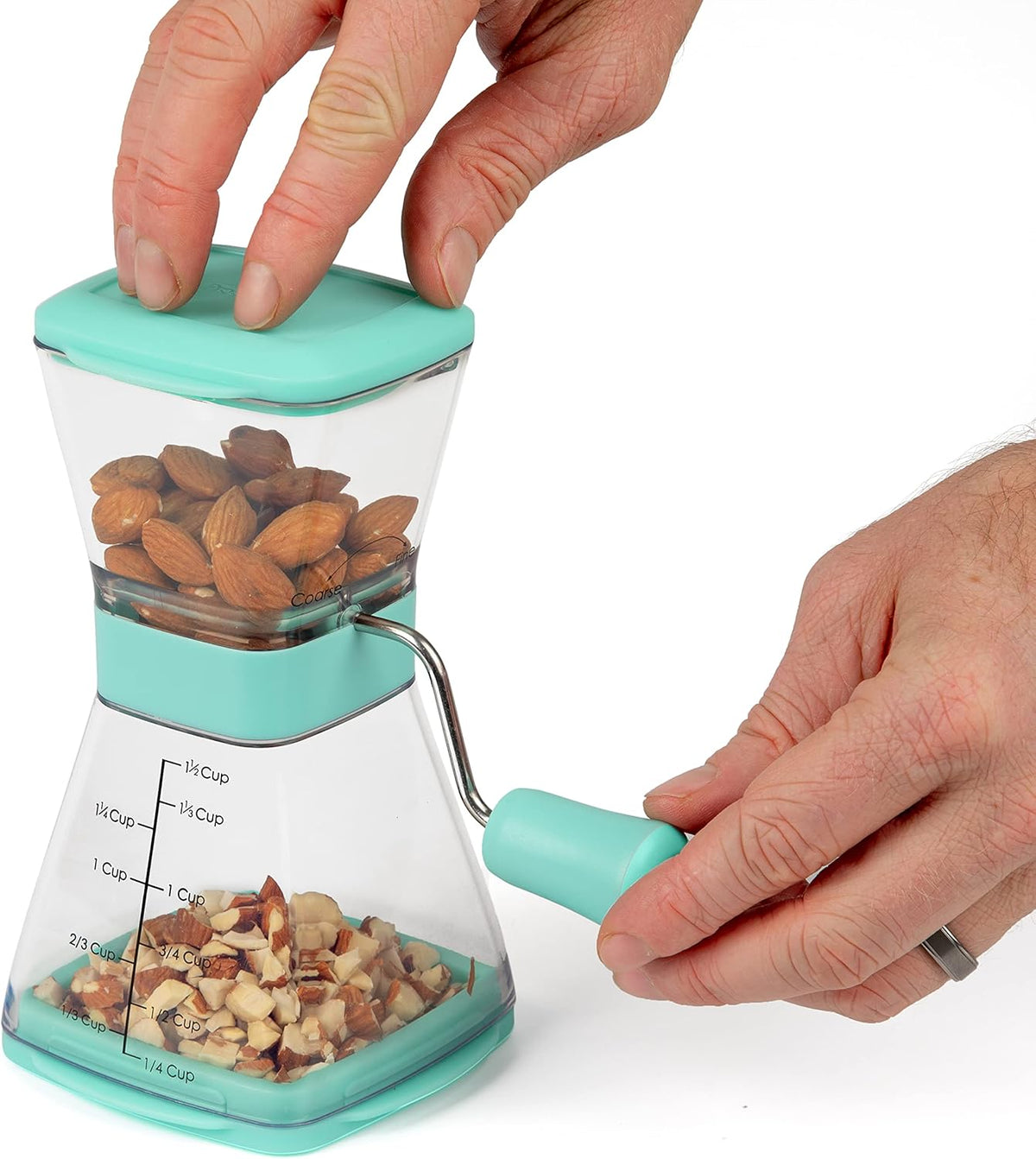 PrepWorks Manual Nut Chopper, Chop Nuts With Coarse and Fine Functions, Red | Grinds up to 1.5 Cups of Nuts, Seeds, or Herbs, Non-Skid Base for Stability While Chopping, Dishwasher Safe