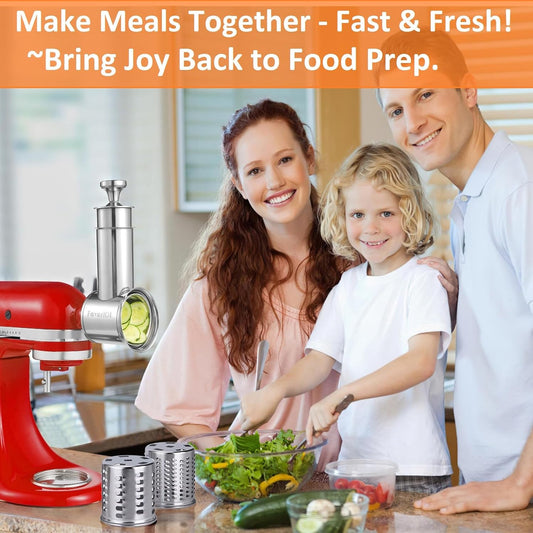 Large Stainless Steel Slicer Shredder Attachment for KitchenAid Mixers, Dishwasher Safe Salad Maker, Cheese Grater Accessories with 3 Blades & 1 Knob Thumb Screw