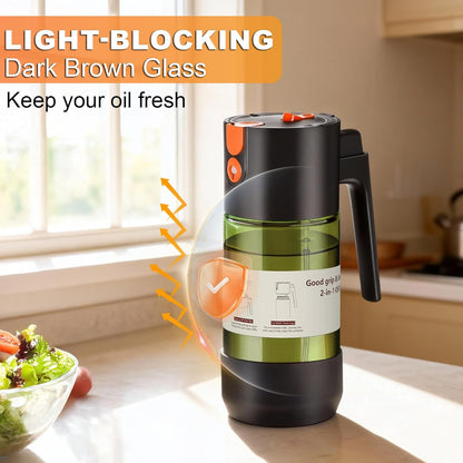 2-IN-1 Oil Sprayer for Cooking with 8 Stickers Light-Blocking Dark Glass Olive Oil Dispenser Bottle for Kitchen 500ml/16.9oz Oil Mister for Air Fryer, BBQ,Salad Even Spray with Portion Control