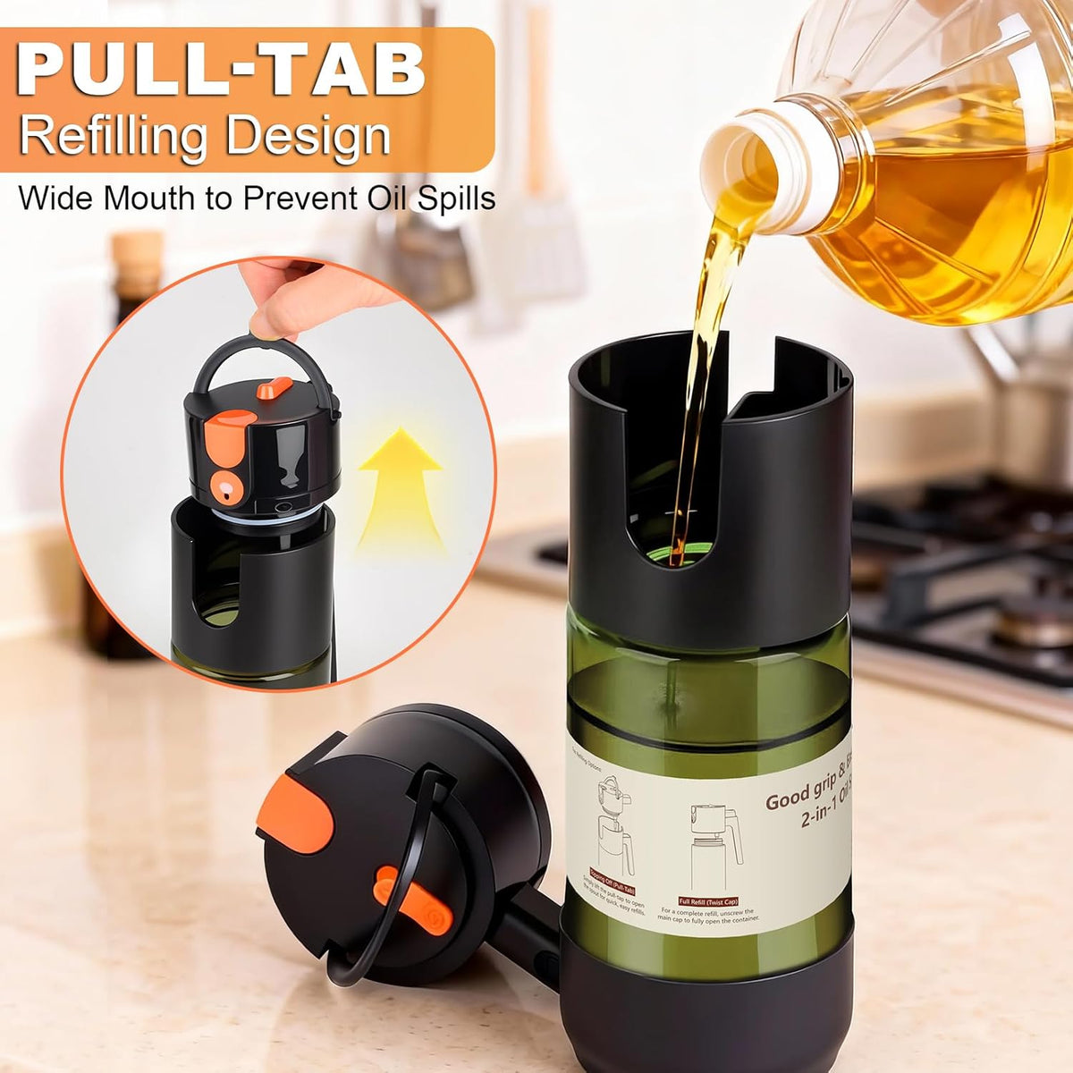 2-IN-1 Oil Sprayer for Cooking with 8 Stickers Light-Blocking Dark Glass Olive Oil Dispenser Bottle for Kitchen 500ml/16.9oz Oil Mister for Air Fryer, BBQ,Salad Even Spray with Portion Control