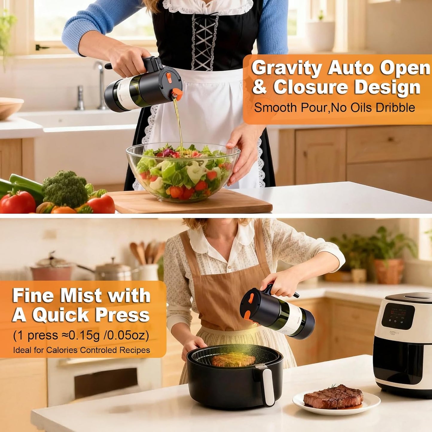 2-IN-1 Oil Sprayer for Cooking with 8 Stickers Light-Blocking Dark Glass Olive Oil Dispenser Bottle for Kitchen 500ml/16.9oz Oil Mister for Air Fryer, BBQ,Salad Even Spray with Portion Control