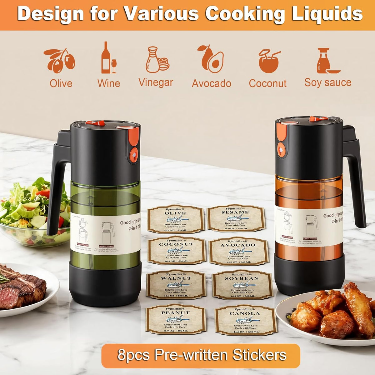 2-IN-1 Oil Sprayer for Cooking with 8 Stickers Light-Blocking Dark Glass Olive Oil Dispenser Bottle for Kitchen 500ml/16.9oz Oil Mister for Air Fryer, BBQ,Salad Even Spray with Portion Control