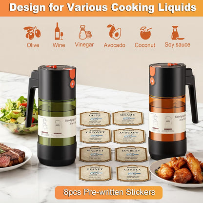 2-IN-1 Oil Sprayer for Cooking with 8 Stickers Light-Blocking Dark Glass Olive Oil Dispenser Bottle for Kitchen 500ml/16.9oz Oil Mister for Air Fryer, BBQ,Salad Even Spray with Portion Control