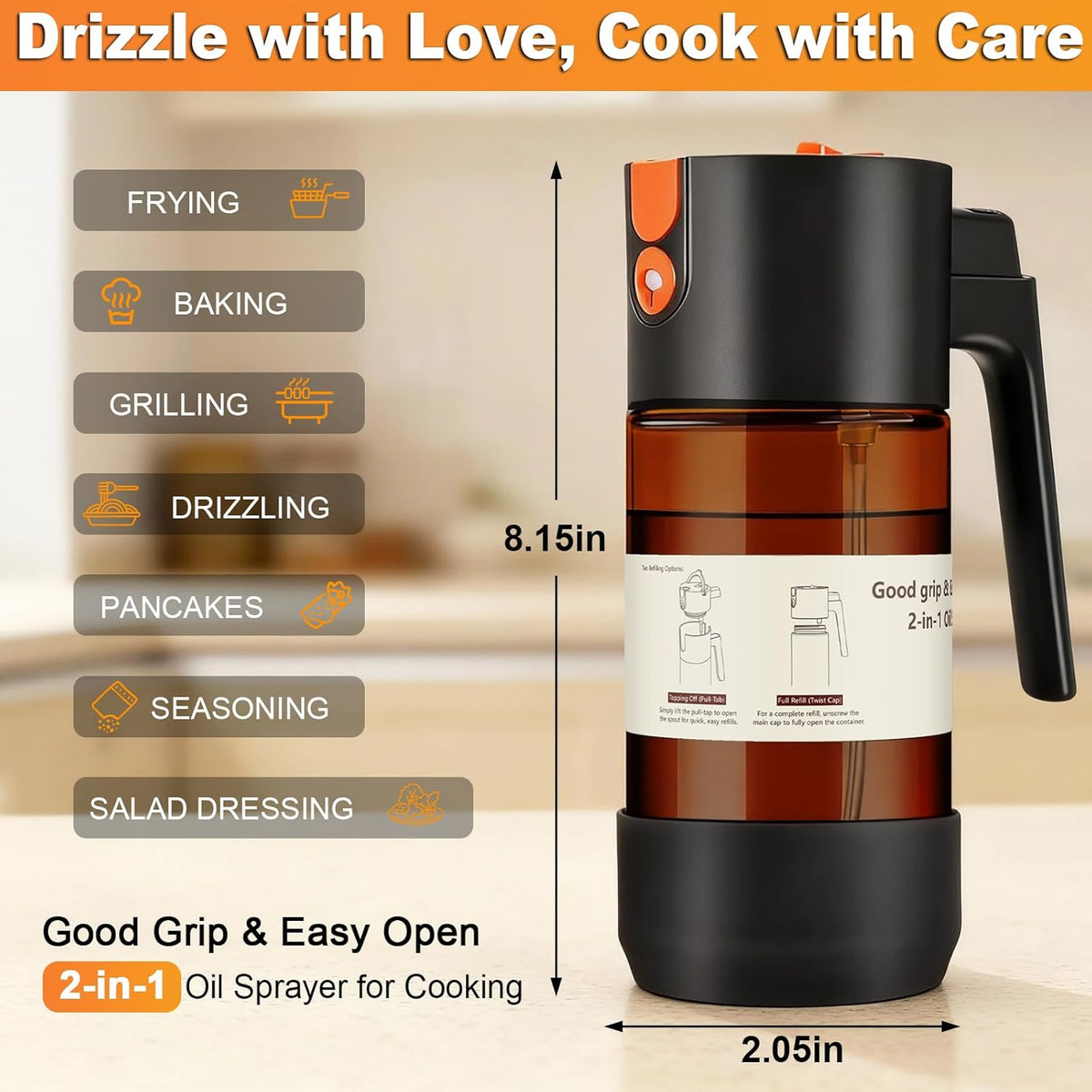 2-IN-1 Oil Sprayer for Cooking with 8 Stickers Light-Blocking Dark Glass Olive Oil Dispenser Bottle for Kitchen 500ml/16.9oz Oil Mister for Air Fryer, BBQ,Salad Even Spray with Portion Control