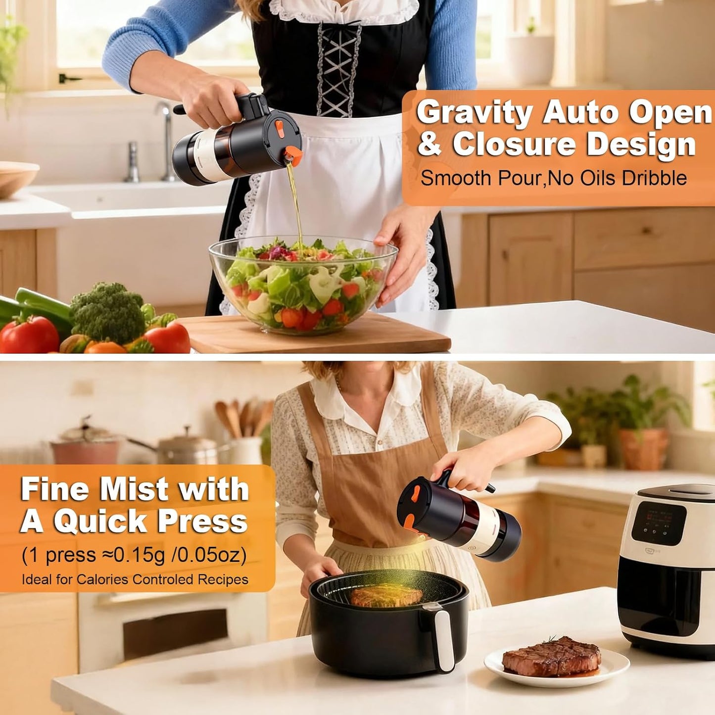 2-IN-1 Oil Sprayer for Cooking with 8 Stickers Light-Blocking Dark Glass Olive Oil Dispenser Bottle for Kitchen 500ml/16.9oz Oil Mister for Air Fryer, BBQ,Salad Even Spray with Portion Control