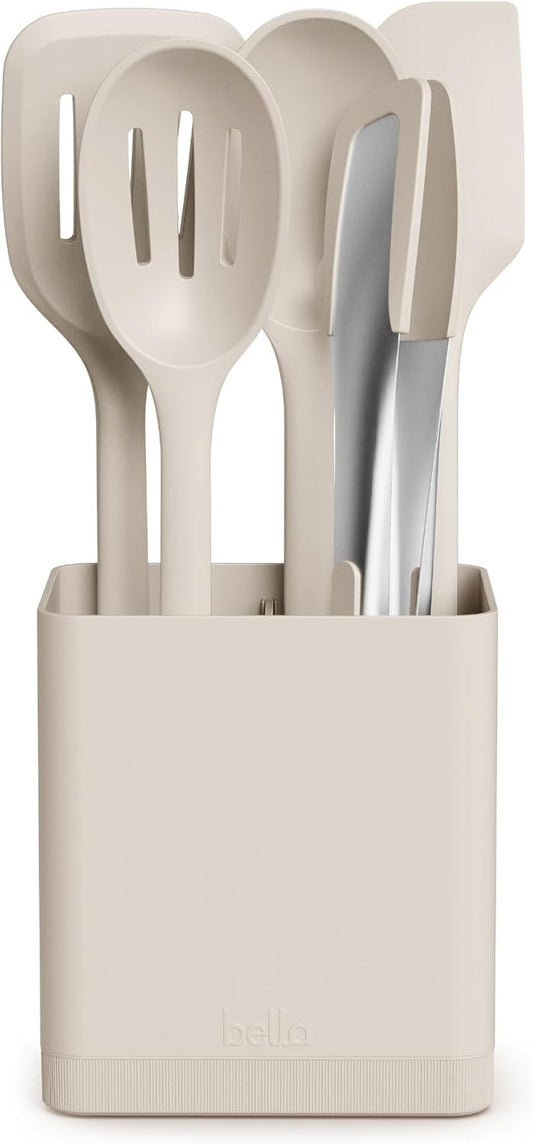 6-Piece Modular Tool Set, Silicone, Turner, Spoon, Slotted Spoon, Spatula, Tongs, Crock with removable divider, Non-toxic*, Food-grade, Heat safe to 425°F, Dishwasher Safe, Slate