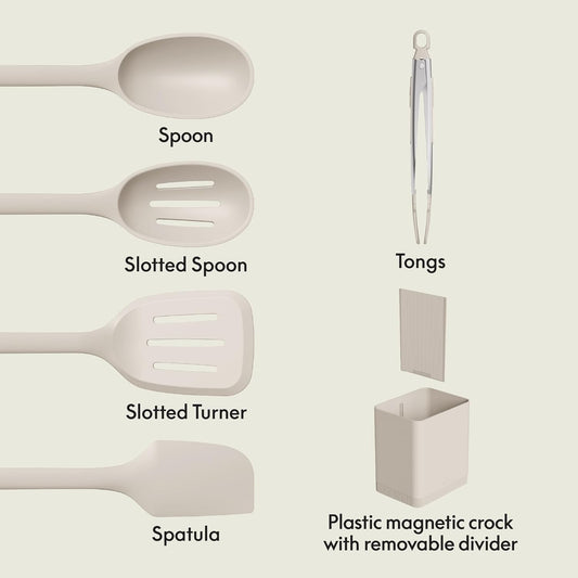 6-Piece Modular Tool Set, Silicone, Turner, Spoon, Slotted Spoon, Spatula, Tongs, Crock with removable divider, Non-toxic*, Food-grade, Heat safe to 425°F, Dishwasher Safe, Slate