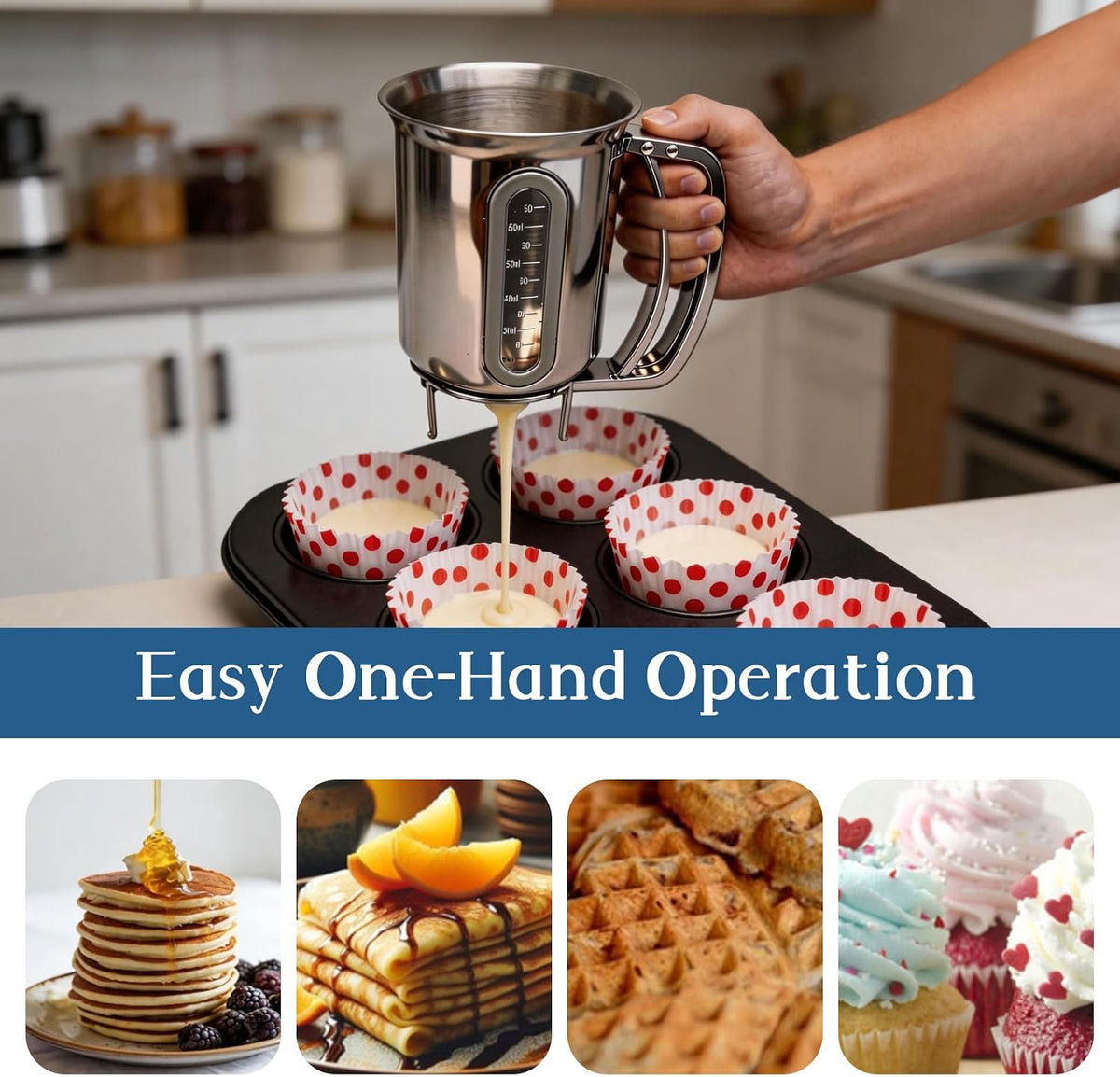 30oz Pancake Dispenser for Batter with Viewing Window, Pancake Batter Mix Bottle Ideal for Cupcakes, Muffins & Waffles Baking