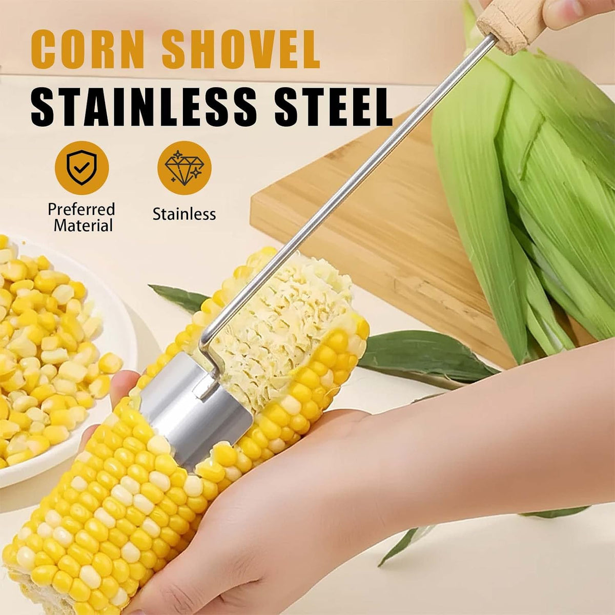 2025 NEW Long Handle Stainless Steel Corn Stripping Tool, Corn Stripping Tool, Stainless Steel Corn Cob Cutter, Corn Shucking Tool, Easy-to-Use Corn Cob Stripper, Efficient Corn Peeler, Set of 2