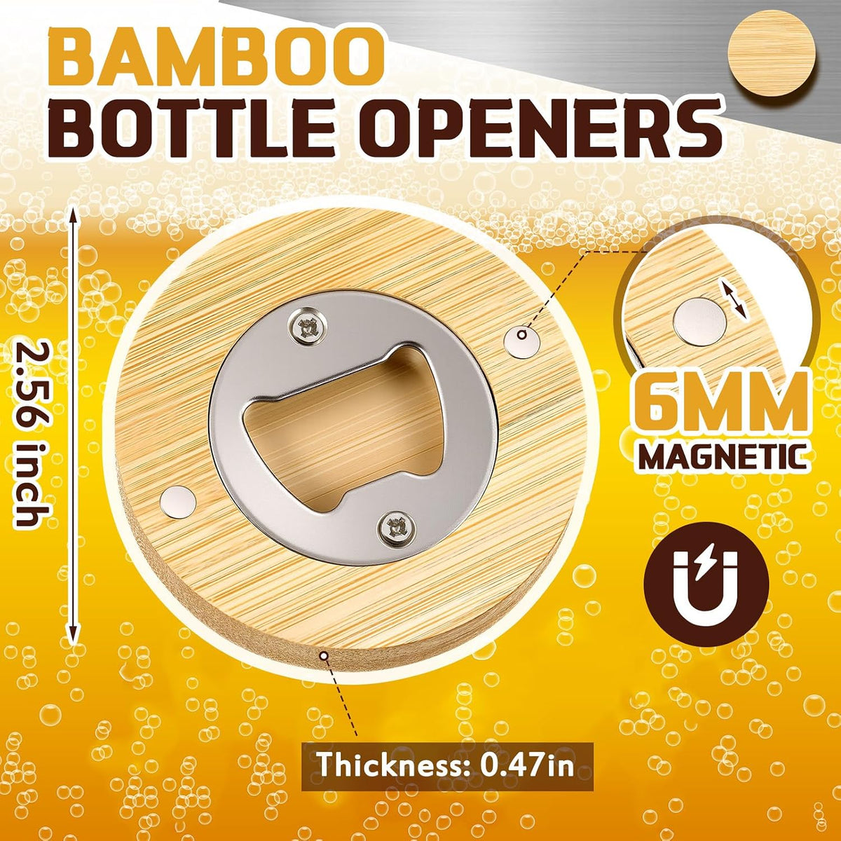 100 Pcs Magnetic Bottle Opener 2.5in DIY Bamboo Round Beer Opener